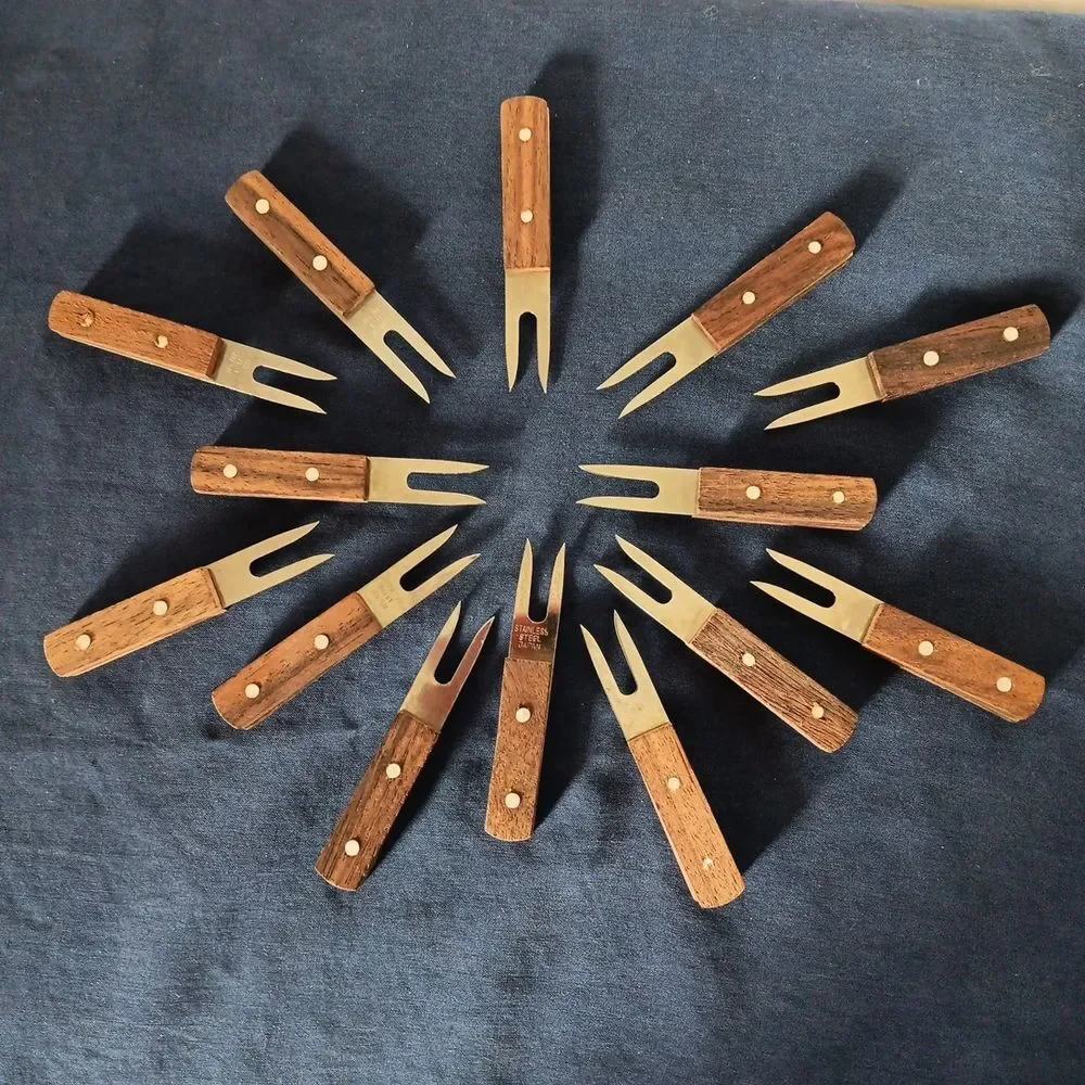 Vintage MCM Japan Stainless Steel Corn Cob Appetizer Forks Hardwood Handles Lot